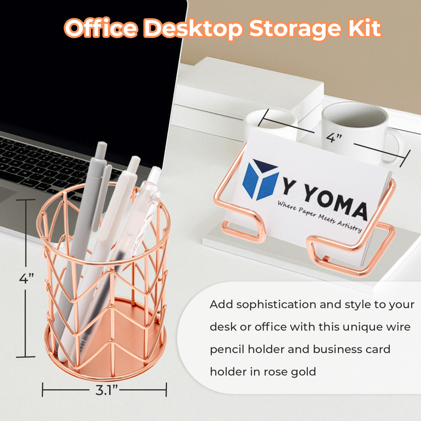 Y YOMA Rose Gold Desk Organizer for Letter Size Hanging File Folder 7 Pcs Folder Organizer Pen Holder Phone Holder Clip Holder Sticky Note Holder Business Card Holder Clip Kit, Wire Metal