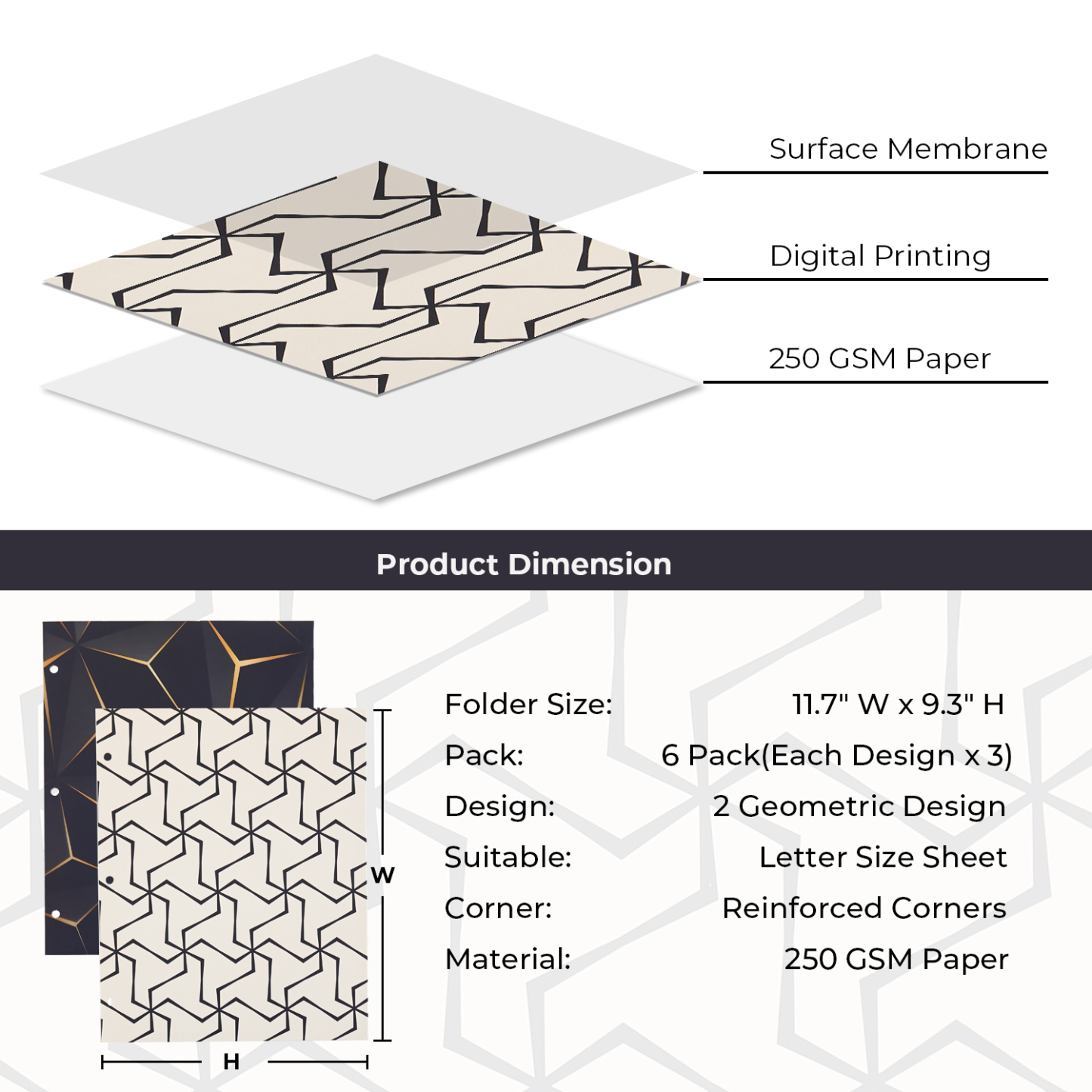 Y YOMA 6 Pack 2 Pocket Folder Letter Size Decorative Binder Folders with Pockets 3 Hole Punch Folder Paper Cute Project Folders Two Pocket 3 Ring File Folder for School Office Home, Geometric Design