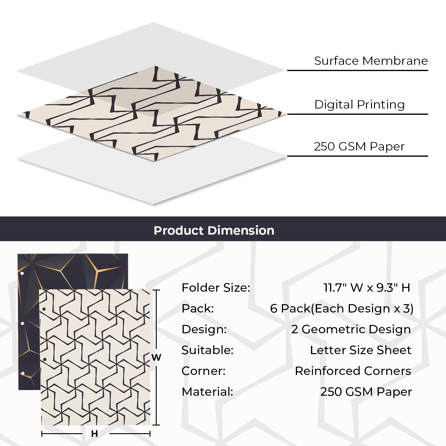 Y YOMA 6 Pack 2 Pocket Folder Letter Size Decorative Binder Folders with Pockets 3 Hole Punch Folder Paper Cute Project Folders Two Pocket 3 Ring File Folder for School Office Home, Geometric Design