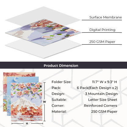 Y YOMA 6 Pack 2 Pocket Folder Letter Size Decorative Binder Folders with Pockets 3 Hole Punch Folder Paper Cute Project Folders Two Pocket 3 Ring File Folder for School Office Home, Mountain Design