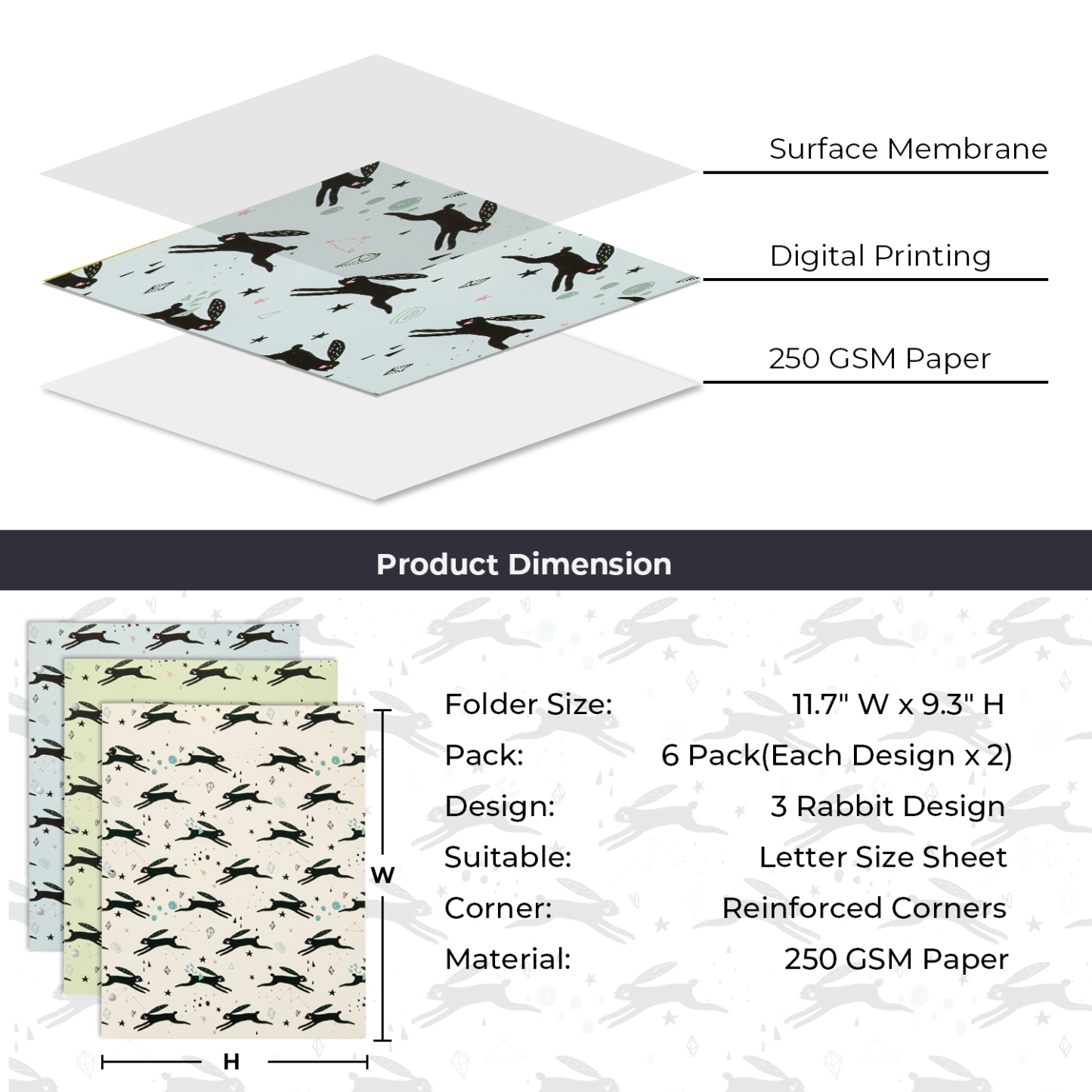 Y YOMA 6 Pack 2 Pocket Folder Letter Size Decorative Binder Folders with Pockets 3 Hole Punch Folder Paper Cute Project Folders Two Pocket 3 Ring File Folder for School Office Home, Rabbit Design