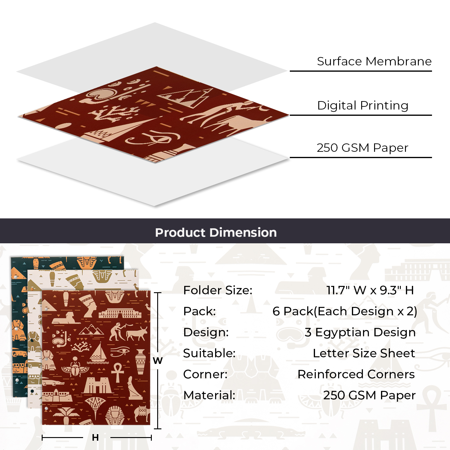 Y YOMA 6 Pack 2 Pocket Folder Letter Size Decorative Binder Folders with Pockets 3 Hole Punch Folder Paper Cute Project Folders Two Pocket 3 Ring File Folder for School Office Home, Egyptian Design