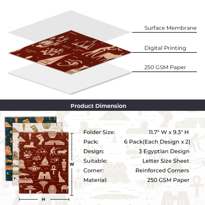 Y YOMA 6 Pack 2 Pocket Folder Letter Size Decorative Binder Folders with Pockets 3 Hole Punch Folder Paper Cute Project Folders Two Pocket 3 Ring File Folder for School Office Home, Egyptian Design
