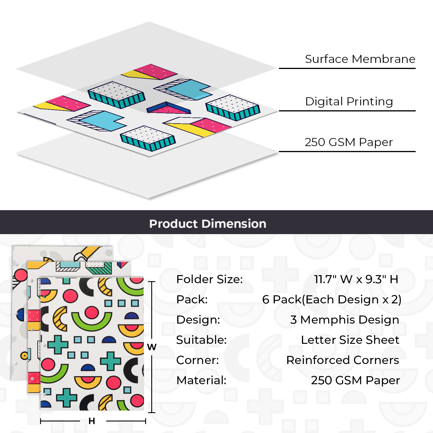 Y YOMA 6 Pack 2 Pocket Folder Letter Size Decorative Binder Folders with Pockets 3 Hole Punch Folder Paper Cute Project Folders Two Pocket 3 Ring File Folder for School Office Home, Memphis Design