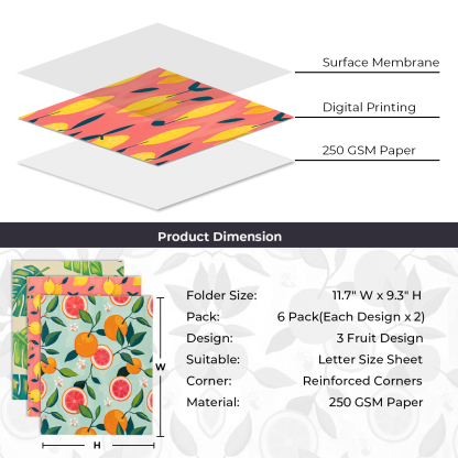 Y YOMA 6 Pack 2 Pocket Folder Letter Size Decorative Binder Folders with Pockets 3 Hole Punch Folder Paper Cute Project Folders Two Pocket 3 Ring File Folder for School Office Home, Tropical Fruit