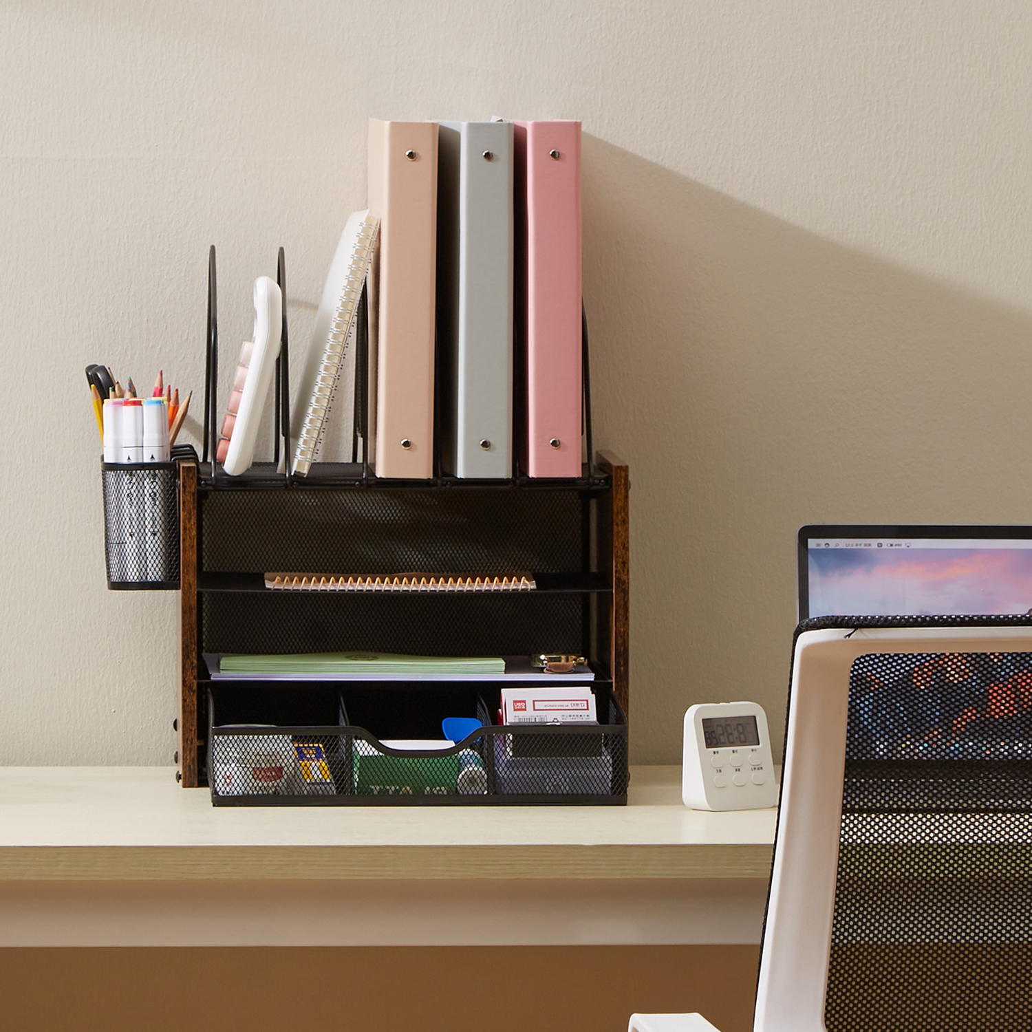 Y YOMA Mesh Desk Organizer with Drawer, 4-Tier Wood Desktop Organizer with 5 Vertical File Holders and 2 Pen Holders Office Desk Accessories for Home Dorm Classroom