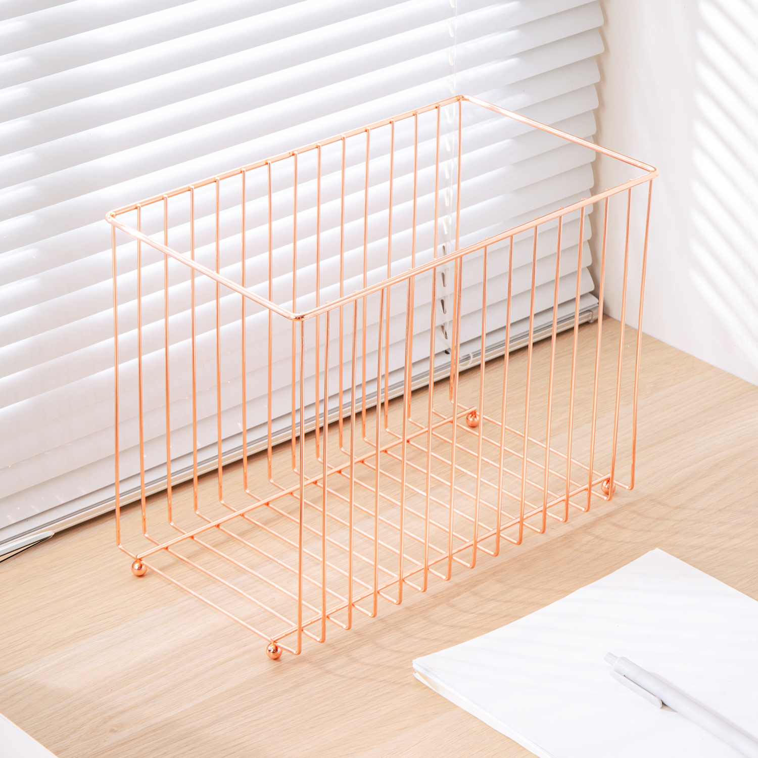 Y YOMA 1 Pack Rose Gold Desktop Hanging File Organizer | 12 Pack Rose Gold Pocket Hanging File Folders with Tabs & Insert | Letter Size Metal File Kit for Desk Home Office, I Shaped