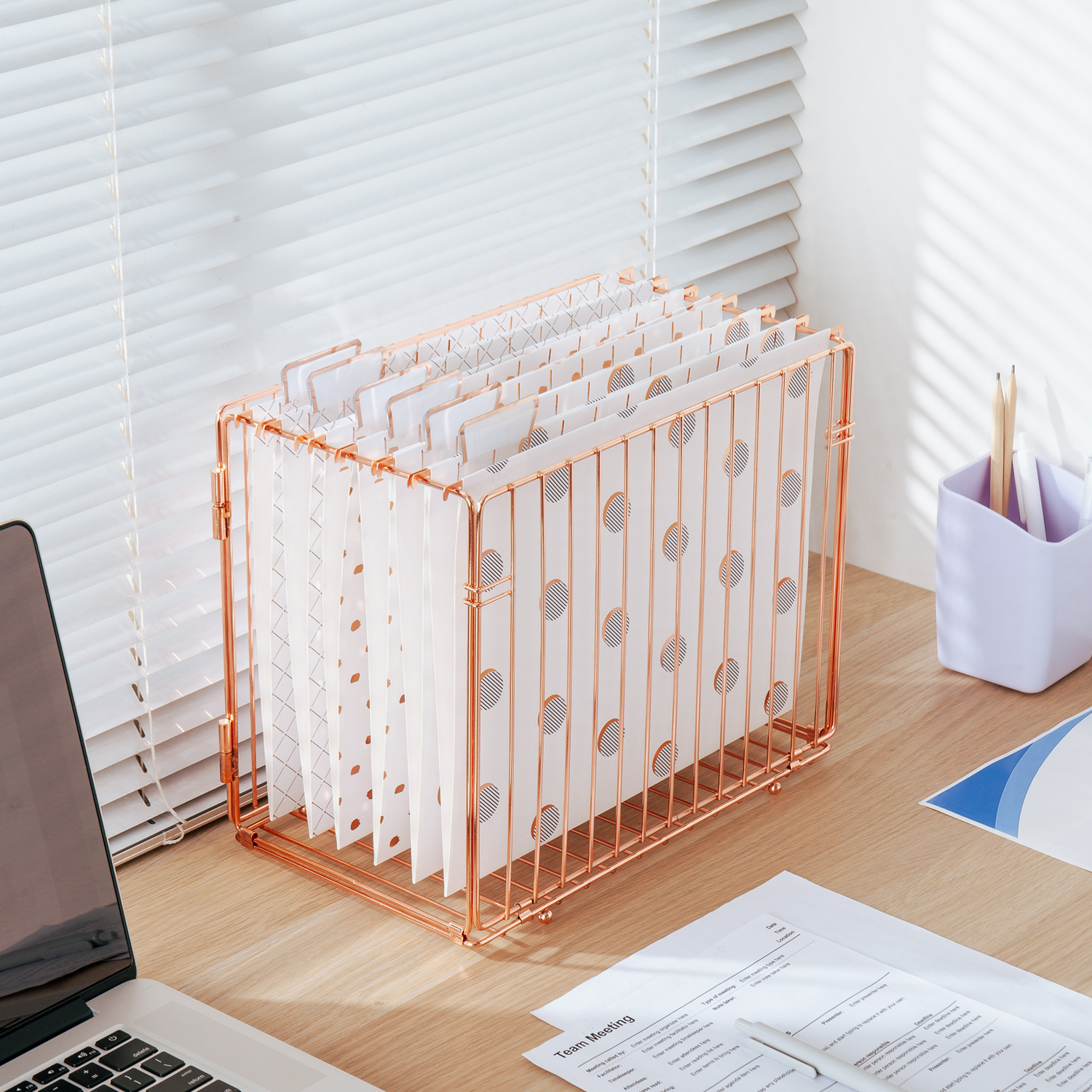 Y YOMA Hanging File Organizer, Letter Size Desk File Crate, Foldable Rose Gold Metal Storage Box for Home Office, 1 Pack