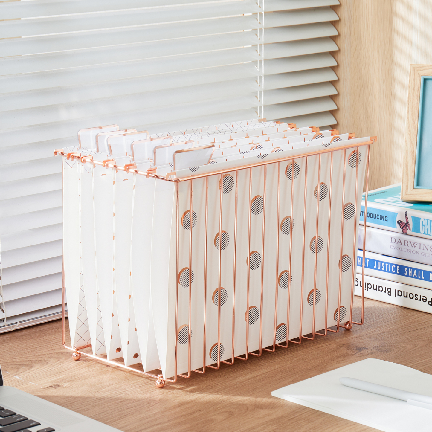 Y YOMA 1 Pack Rose Gold Desktop Hanging File Organizer | Letter Size Metal File Kit for Desk Home Office, I Shaped