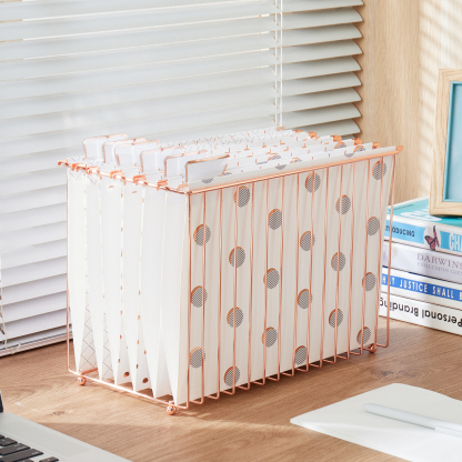 Y YOMA 1 Pack Rose Gold Desktop Hanging File Organizer | Letter Size Metal File Kit for Desk Home Office, I Shaped