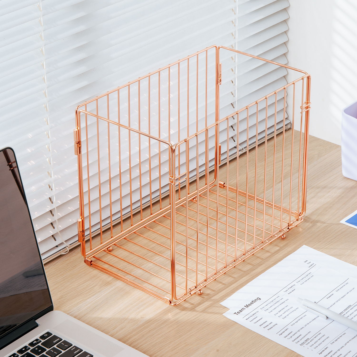 Y YOMA Hanging File Organizer, Letter Size Desk File Crate, Foldable Rose Gold Metal Storage Box for Home Office, 1 Pack