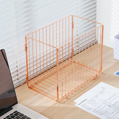 Y YOMA Hanging File Organizer, Letter Size Desk File Crate, Foldable Rose Gold Metal Storage Box for Home Office, 1 Pack