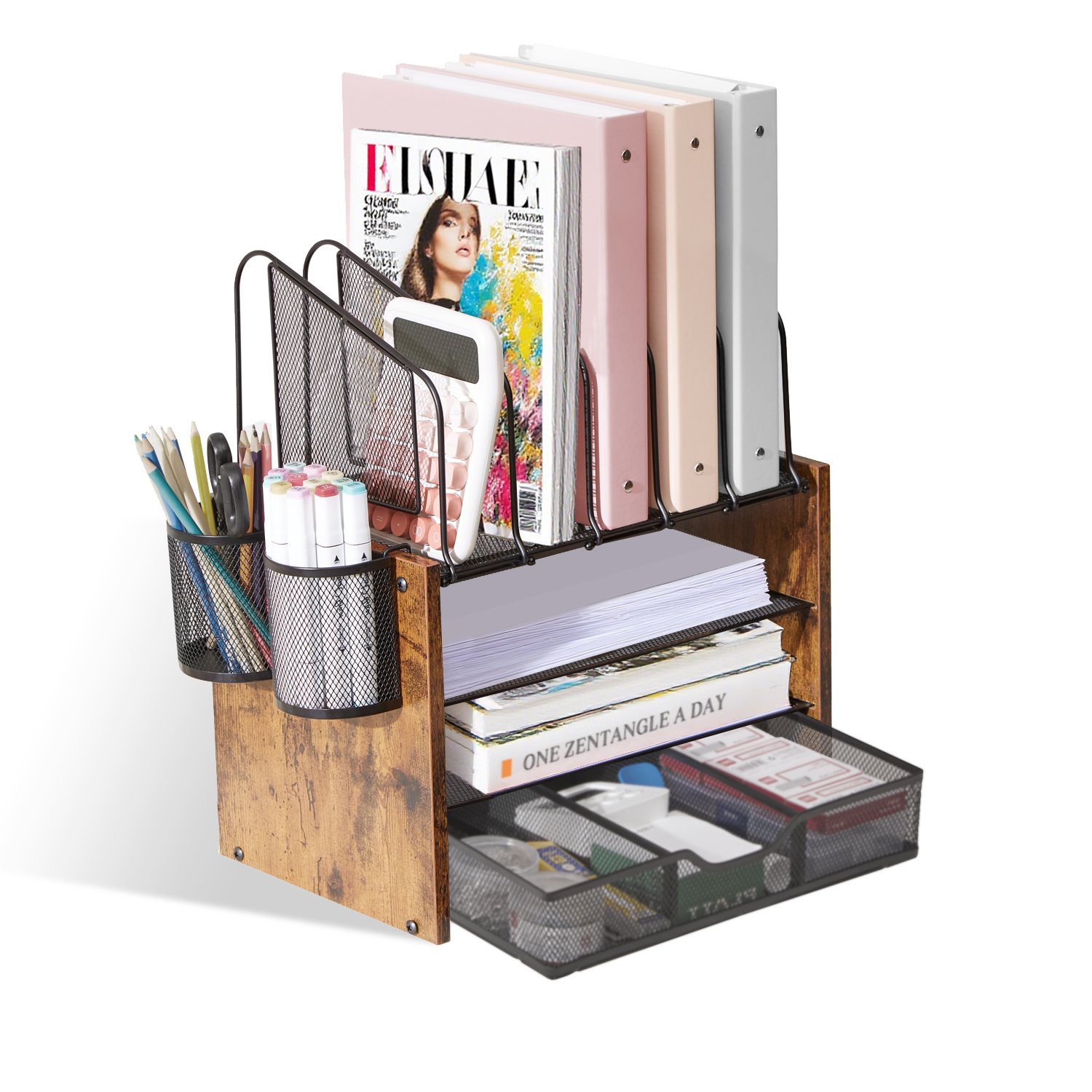 Y YOMA Mesh Desk Organizer with Drawer, 4-Tier Wood Desktop Organizer with 5 Vertical File Holders and 2 Pen Holders Office Desk Accessories for Home Dorm Classroom