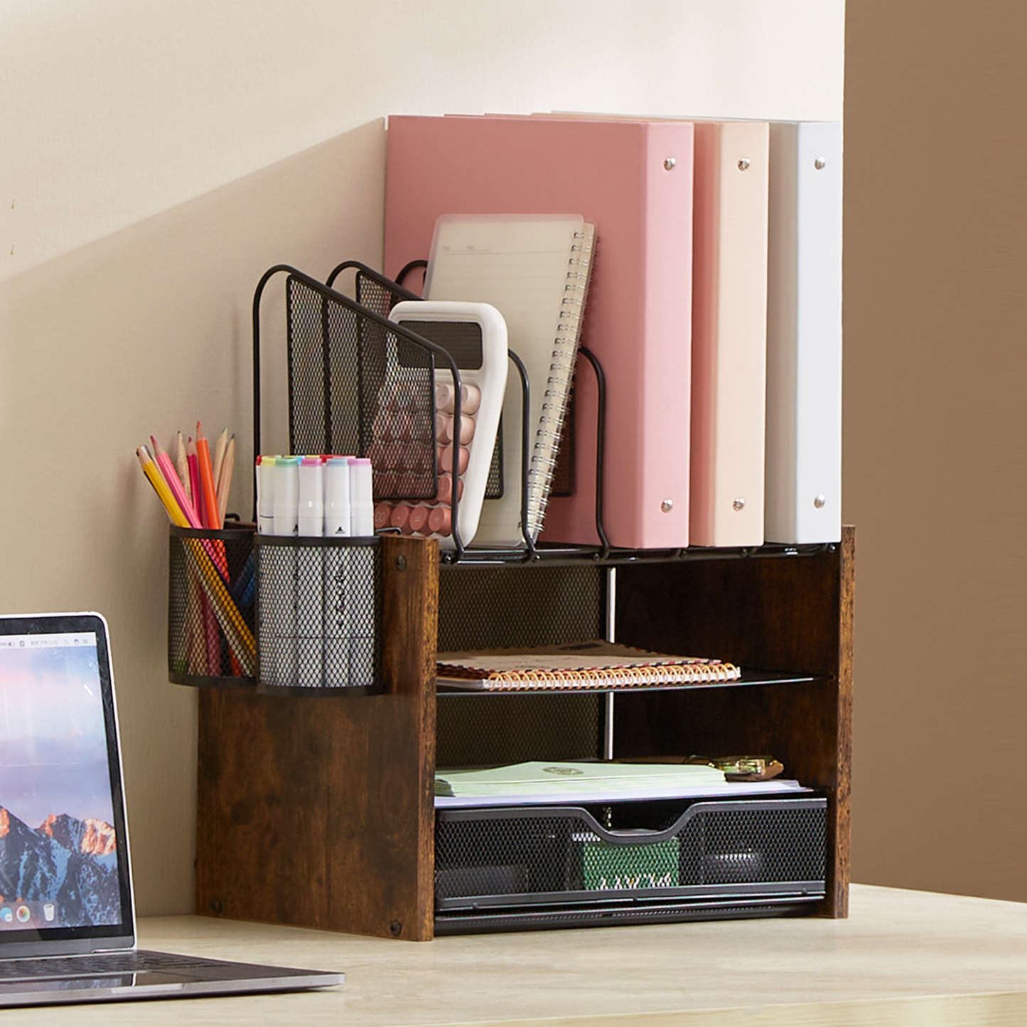 Y YOMA Mesh Desk Organizer with Drawer, 4-Tier Wood Desktop Organizer with 5 Vertical File Holders and 2 Pen Holders Office Desk Accessories for Home Dorm Classroom