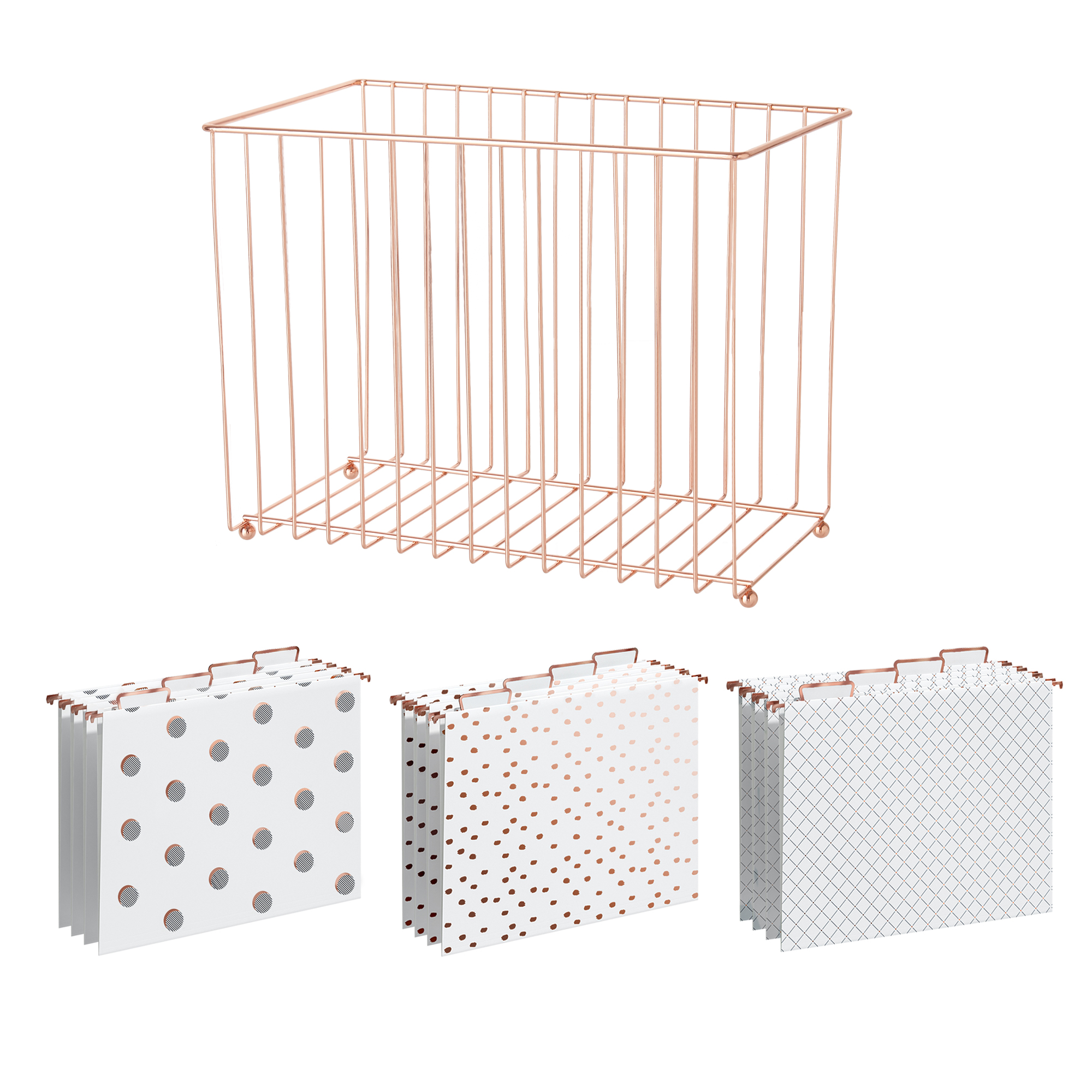 Y YOMA 1 Pack Rose Gold Desktop Hanging File Organizer | 12 Pack Rose Gold Hanging File Folders with Tabs & Insert | Letter Size Metal File Kit for Desk Home Office, I Shaped