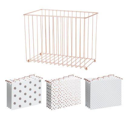 Y YOMA 1 Pack Rose Gold Desktop Hanging File Organizer | 12 Pack Rose Gold Hanging File Folders with Tabs & Insert | Letter Size Metal File Kit for Desk Home Office, I Shaped