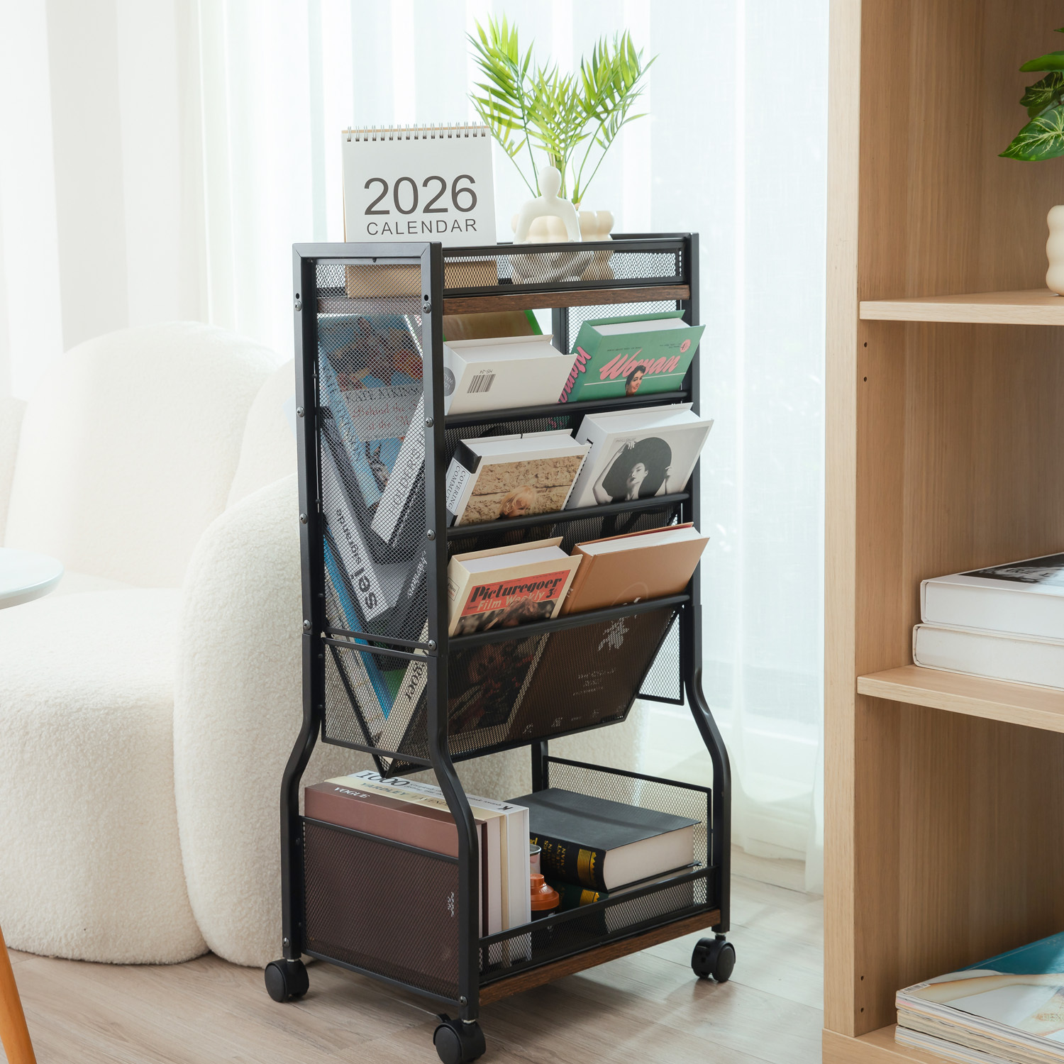 Y YOMA 8-Tier Rolling File Cart with Lockable Wheels, Dual-Sided Storage Organizer and Bookshelf, Easy Assembly Space-Saving Cart for Home, Office & Classroom