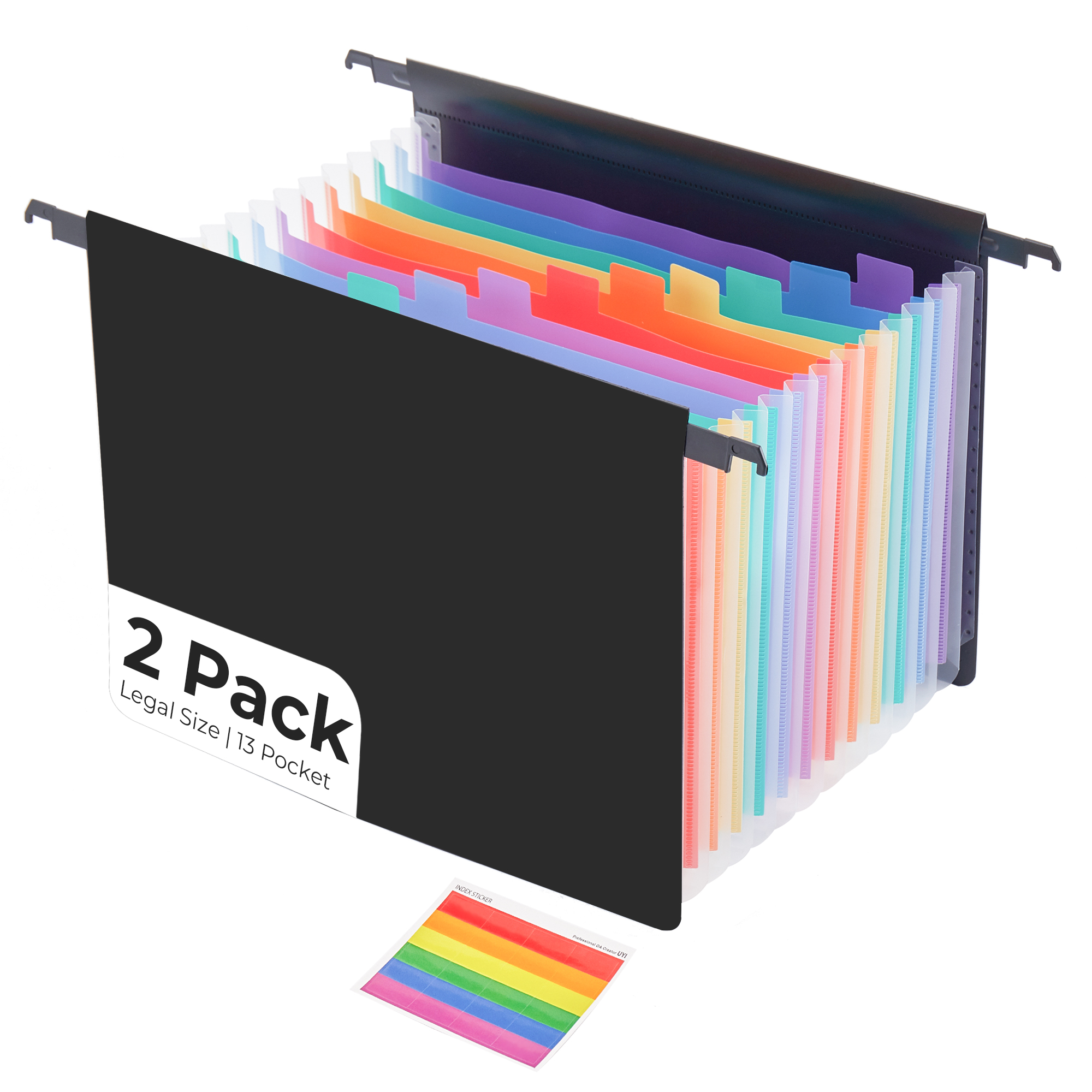 Y YOMA Legal Size - Plastic Expanding Hanging File Folders with 13 Accordion Pockets | Hook Removable Waterproof Extra Capacity for Bulky Files in School Home Office, 2 Pack