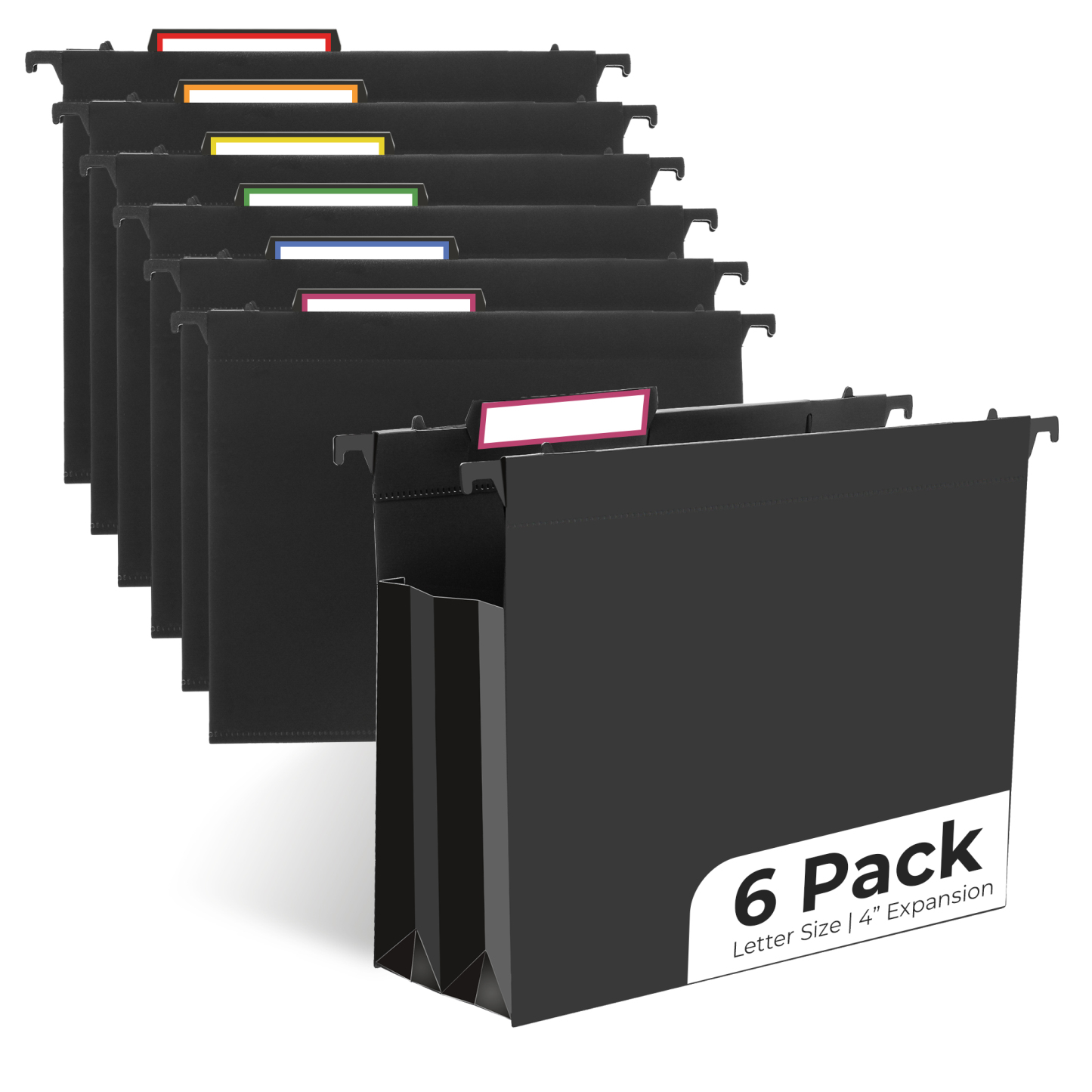 Y YOMA Plastic Extra Capacity Hanging File Folder, Letter Size, 4” Expansion, 6 Pack Black Reinforced Expanding Hanging Folders with Tabs, Heavy Duty Waterproof Accordion for Bulky Files