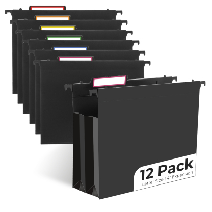 Y YOMA Plastic Extra Capacity Hanging File Folder, Letter Size, 4” Expansion, 6 Pack Black Reinforced Expanding Hanging Folders with Tabs, Heavy Duty Waterproof Accordion for Bulky Files