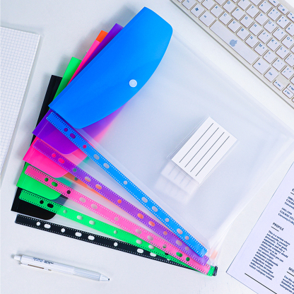 Y YOMA 6 Pack Plastic Binder Pocket with 11 Holes & Snap Button - Letter Size Top-Loading Expandable Extra Capacity Envelope for 2/3/4 Ring Binder, Matte Design