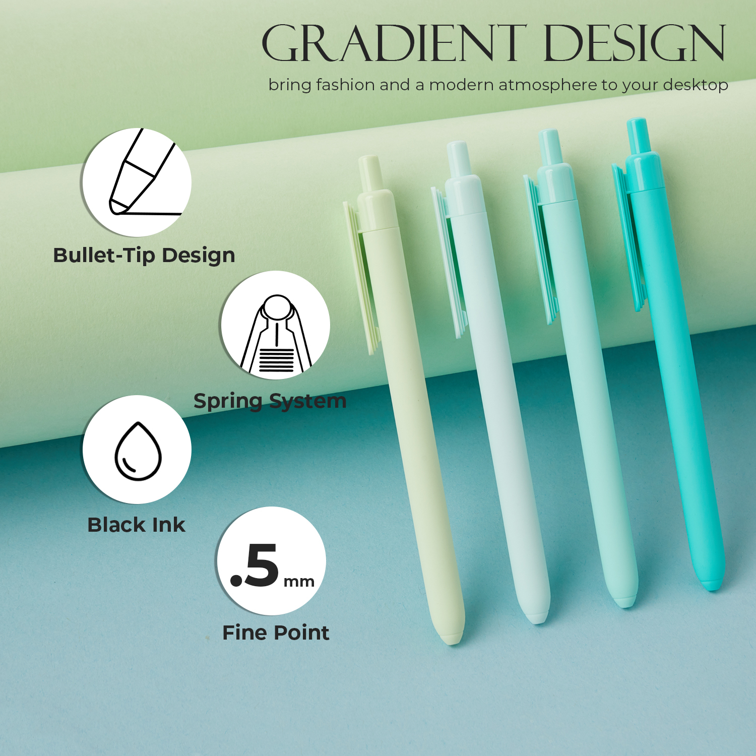 Y YOMA 4 Pcs Fine Point 0.5mm Gel Pen Black Ink Retractable Ballpoint Pen Smooth Writing Quick Dry Gel Pens Cute Aesthetic Pen Pastel Refillable Pen for School Home Office Supplies, Teal Blue