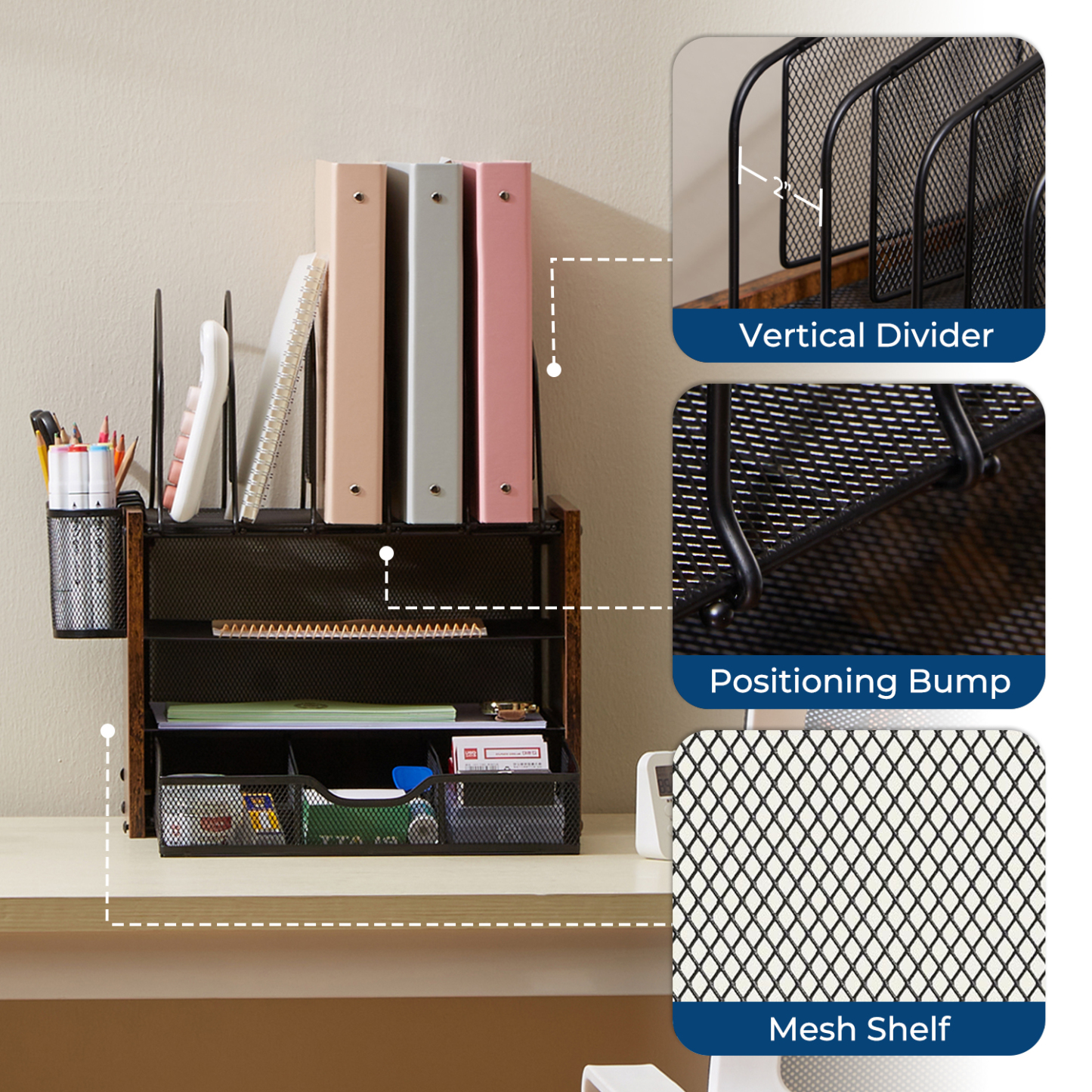 Y YOMA Mesh Desk Organizer with Drawer, 4-Tier Wood Desktop Organizer with 5 Vertical File Holders and 2 Pen Holders Office Desk Accessories for Home Dorm Classroom