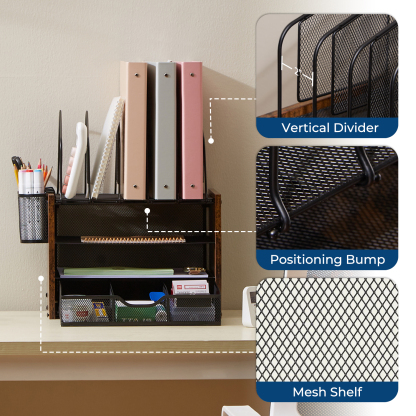 Y YOMA Mesh Desk Organizer with Drawer, 4-Tier Wood Desktop Organizer with 5 Vertical File Holders and 2 Pen Holders Office Desk Accessories for Home Dorm Classroom