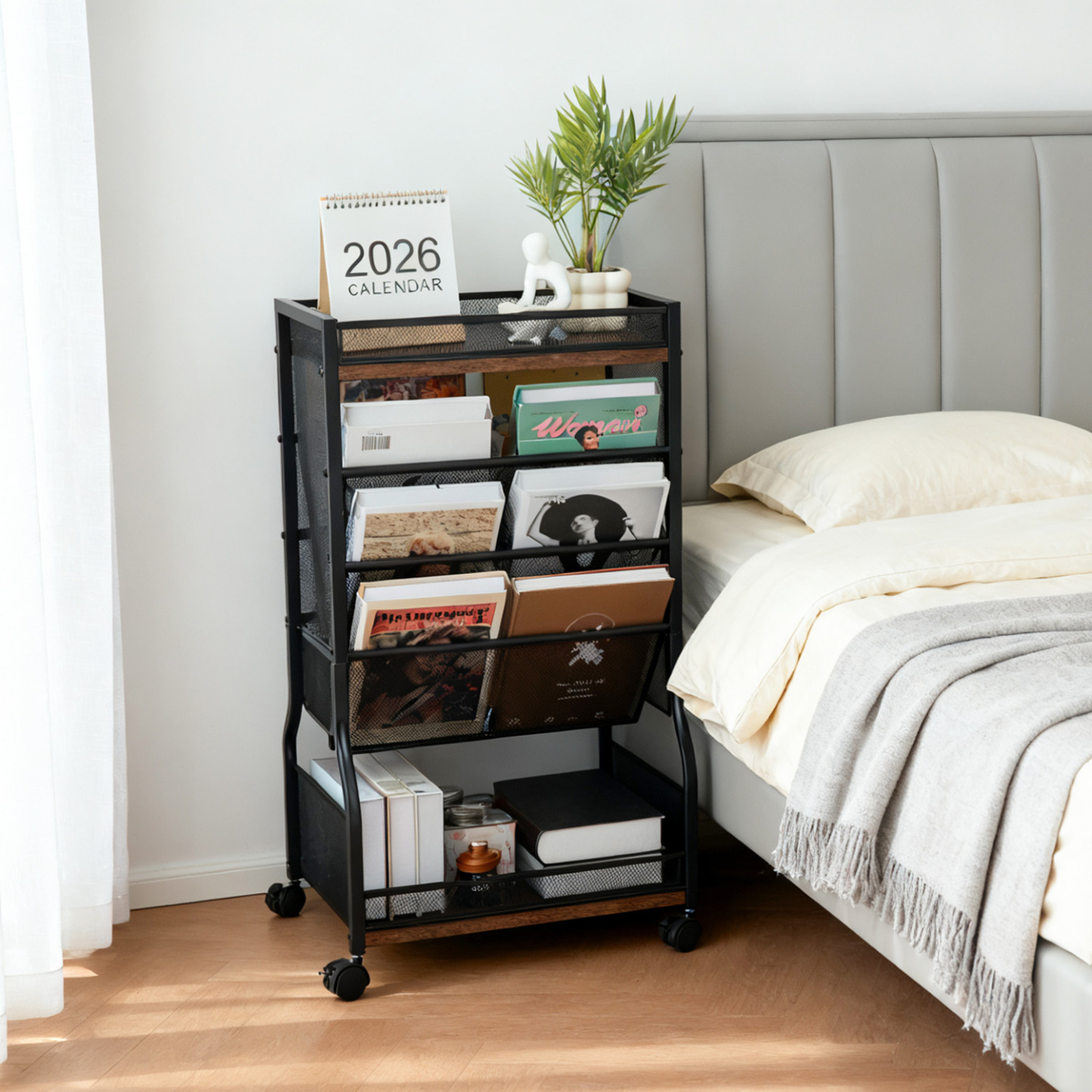 Y YOMA 8-Tier Rolling File Cart with Lockable Wheels, Dual-Sided Storage Organizer and Bookshelf, Easy Assembly Space-Saving Cart for Home, Office & Classroom