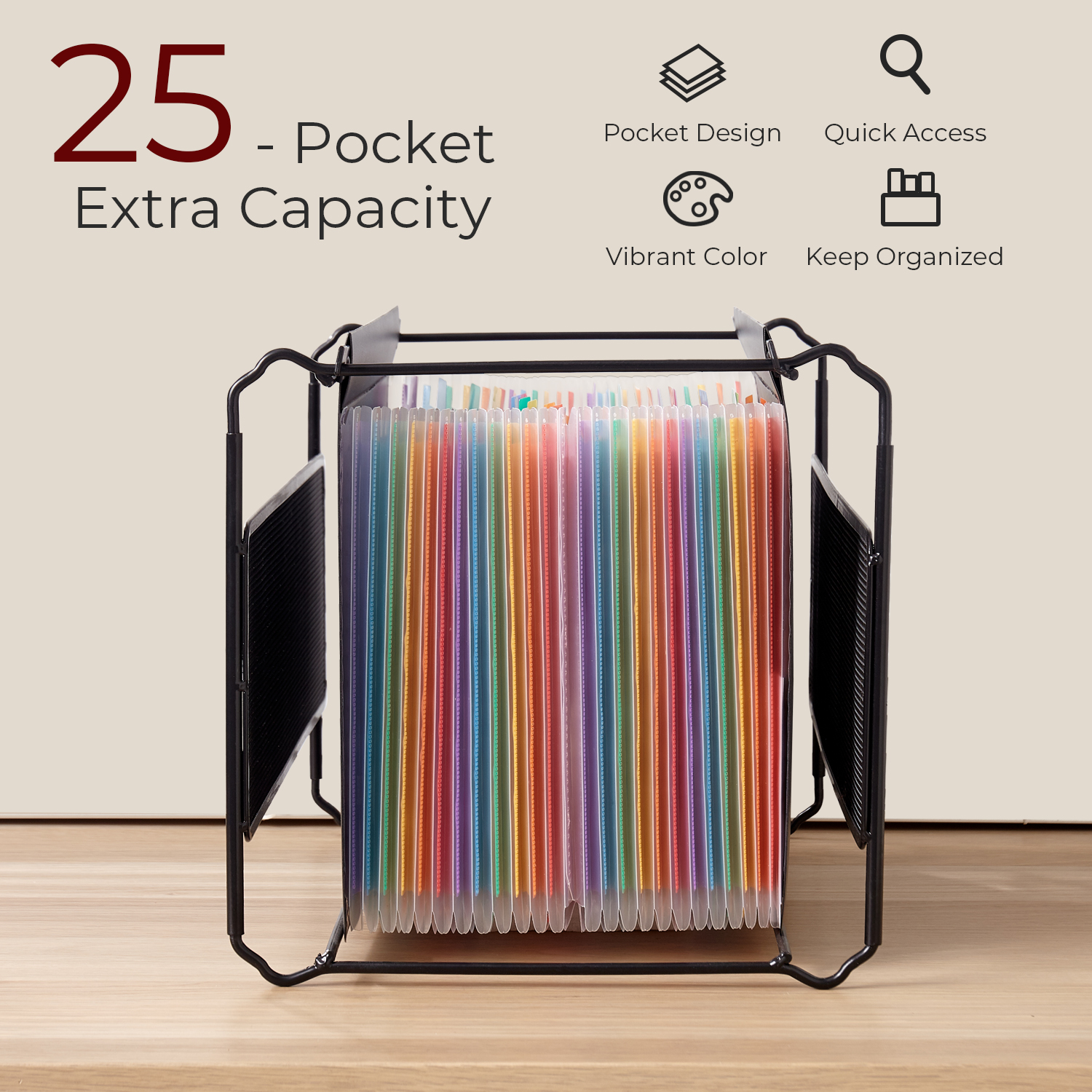 Y YOMA Legal Size - Plastic Expanding Hanging File Folders with 25 Accordion Pockets | Hook Removable Waterproof Extra Capacity for Bulky Files in School Home Office, 1 Pack