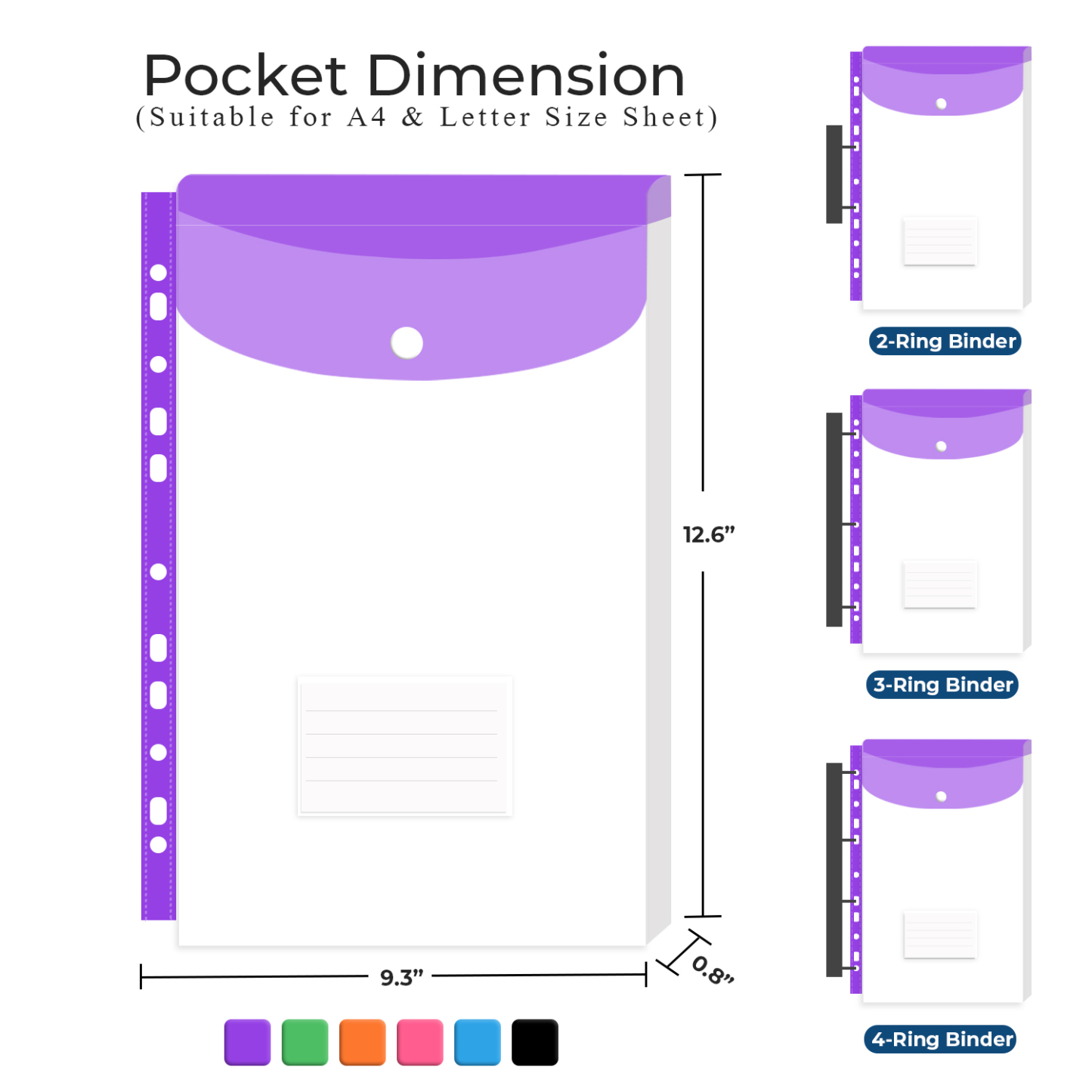 Y YOMA 6 Pack Plastic Binder Pocket with 11 Holes & Snap Button - Letter Size Top-Loading Expandable Extra Capacity Envelope for 2/3/4 Ring Binder, Matte Design