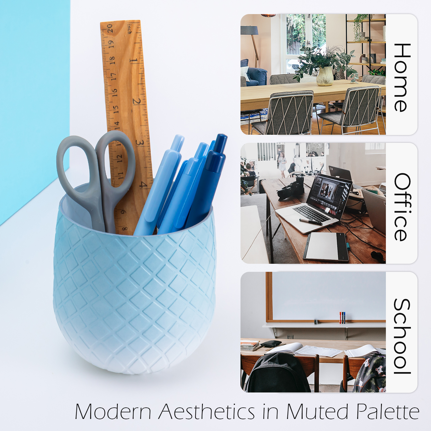 Y YOMA 1 Pack Pen Holder for Desk Cute Plastic Pencil Cup Pen Container Square Organizer Modern Aesthetic Design Desktop Storage Solution for Pens, Pencils, Marker, Makeup Brush, Gradient Blue