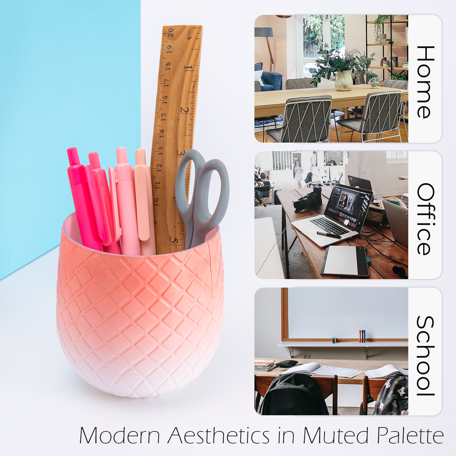 Y YOMA 1 Pack Pen Holder for Desk Cute Plastic Pencil Cup Pen Container Square Organizer Modern Aesthetic Design Desktop Storage Solution for Pens, Pencils, Marker, Makeup Brush, Gradient Peach