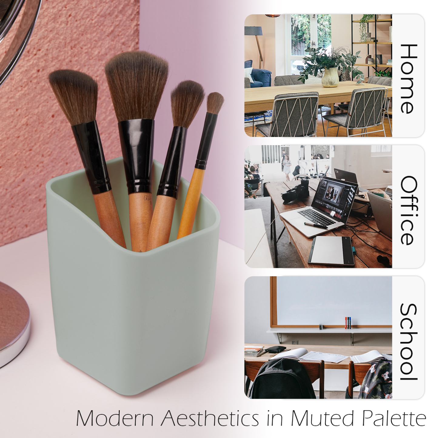 Y YOMA 1 Pack Pen Holder for Desk Cute Plastic Pencil Cup Pen Container Square Organizer Modern Aesthetic Design Desktop Storage Solution for Pens, Pencils, Marker, Makeup Brush, Morandi Green