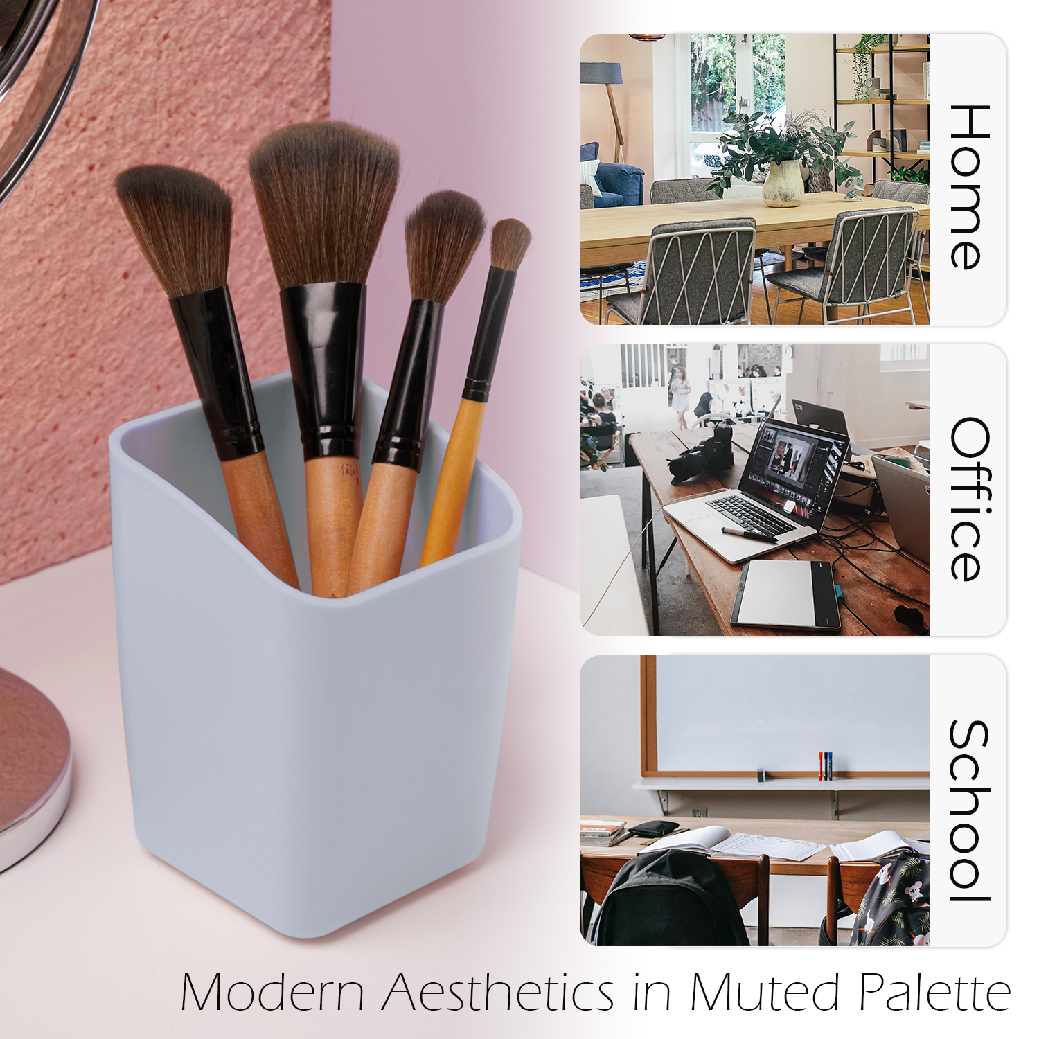 Y YOMA 1 Pack Pen Holder for Desk Cute Plastic Pencil Cup Pen Container Square Organizer Modern Aesthetic Design Desktop Storage Solution for Pens, Pencils, Marker, Makeup Brush,  Morandi Blue