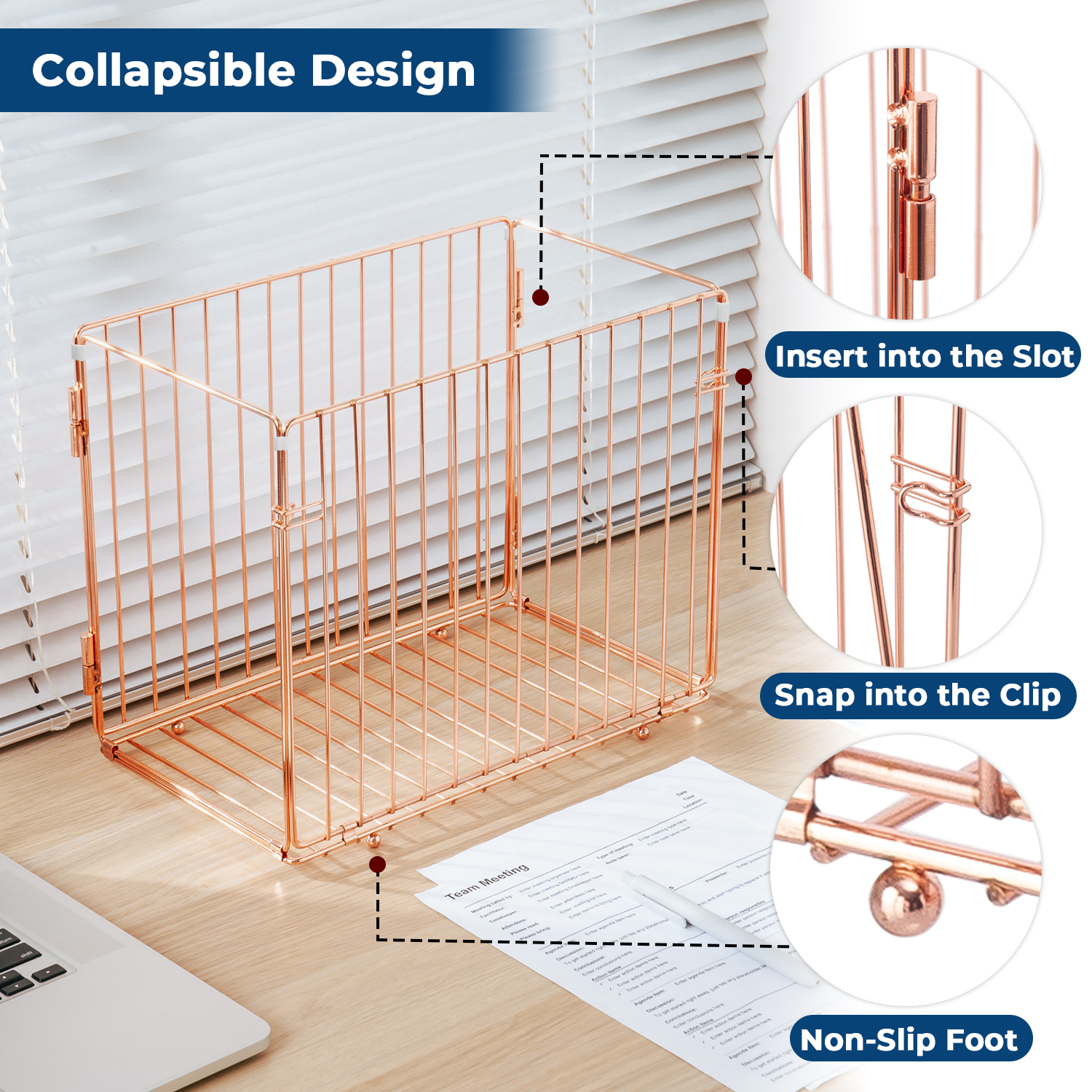 Y YOMA Hanging File Organizer, Letter Size Desk File Crate, Foldable Rose Gold Metal Storage Box for Home Office, 1 Pack