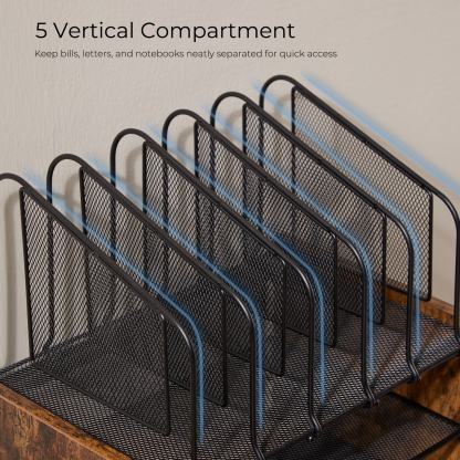 Y YOMA Mesh Desk Organizer with Drawer, 4-Tier Wood Desktop Organizer with 5 Vertical File Holders and 2 Pen Holders Office Desk Accessories for Home Dorm Classroom