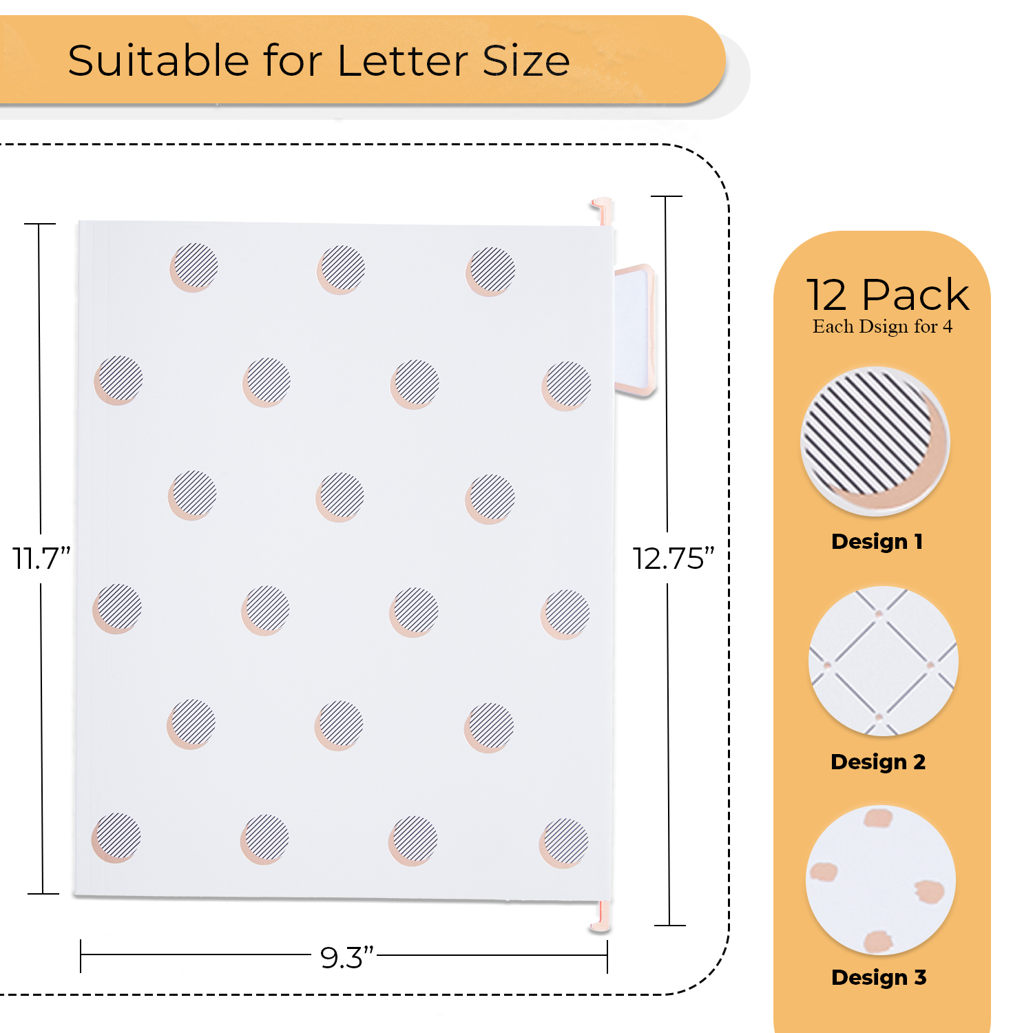 Y YOMA 12 Pack Rose Gold Hanging File Folders Letter Size Decorative File Folder Cute Pretty Hanging Folder Organizer for Filing Cabinet Office Home with 1/5-Cut Adjustable Tabs, 3 Gold Foil Design