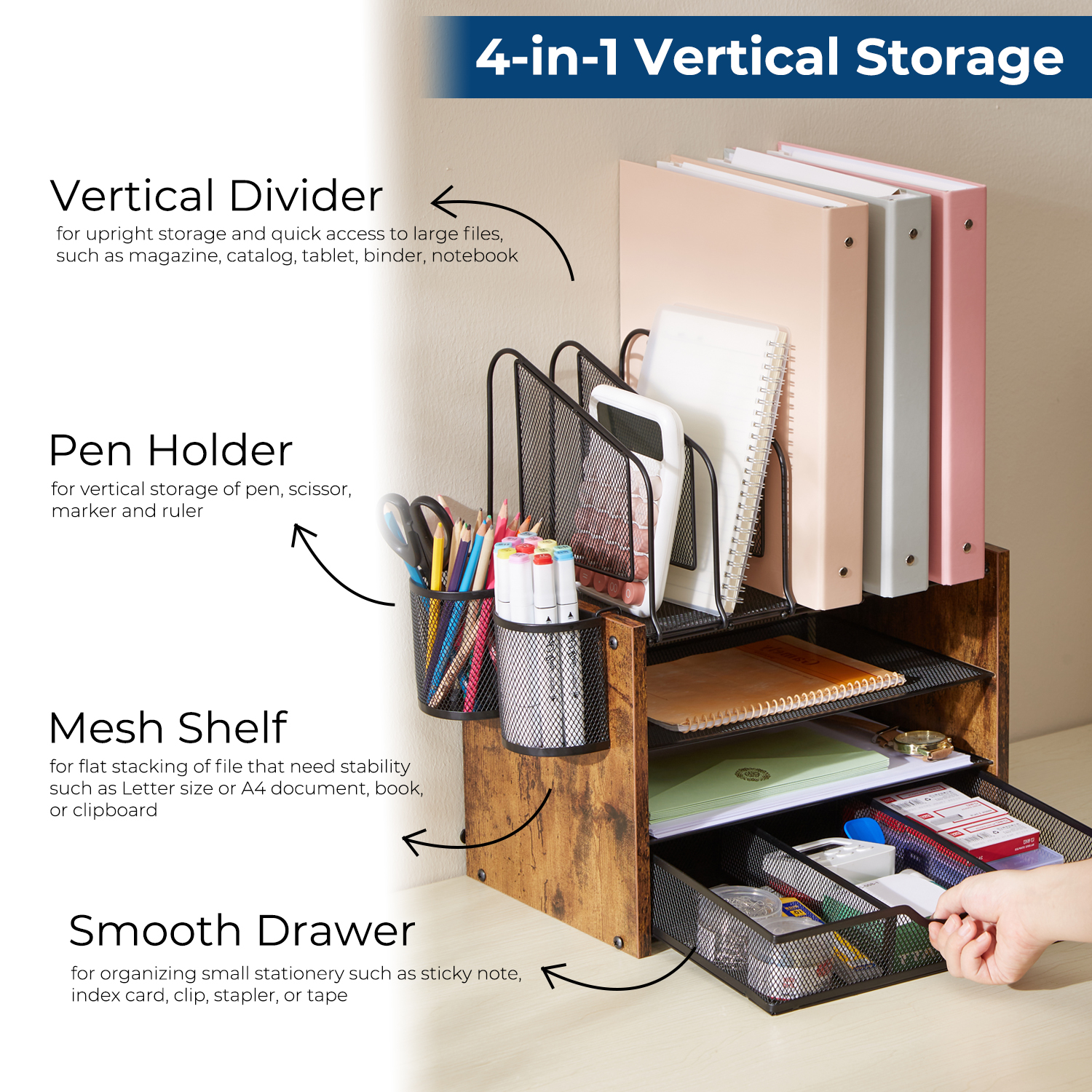 Y YOMA Mesh Desk Organizer with Drawer, 4-Tier Wood Desktop Organizer with 5 Vertical File Holders and 2 Pen Holders Office Desk Accessories for Home Dorm Classroom