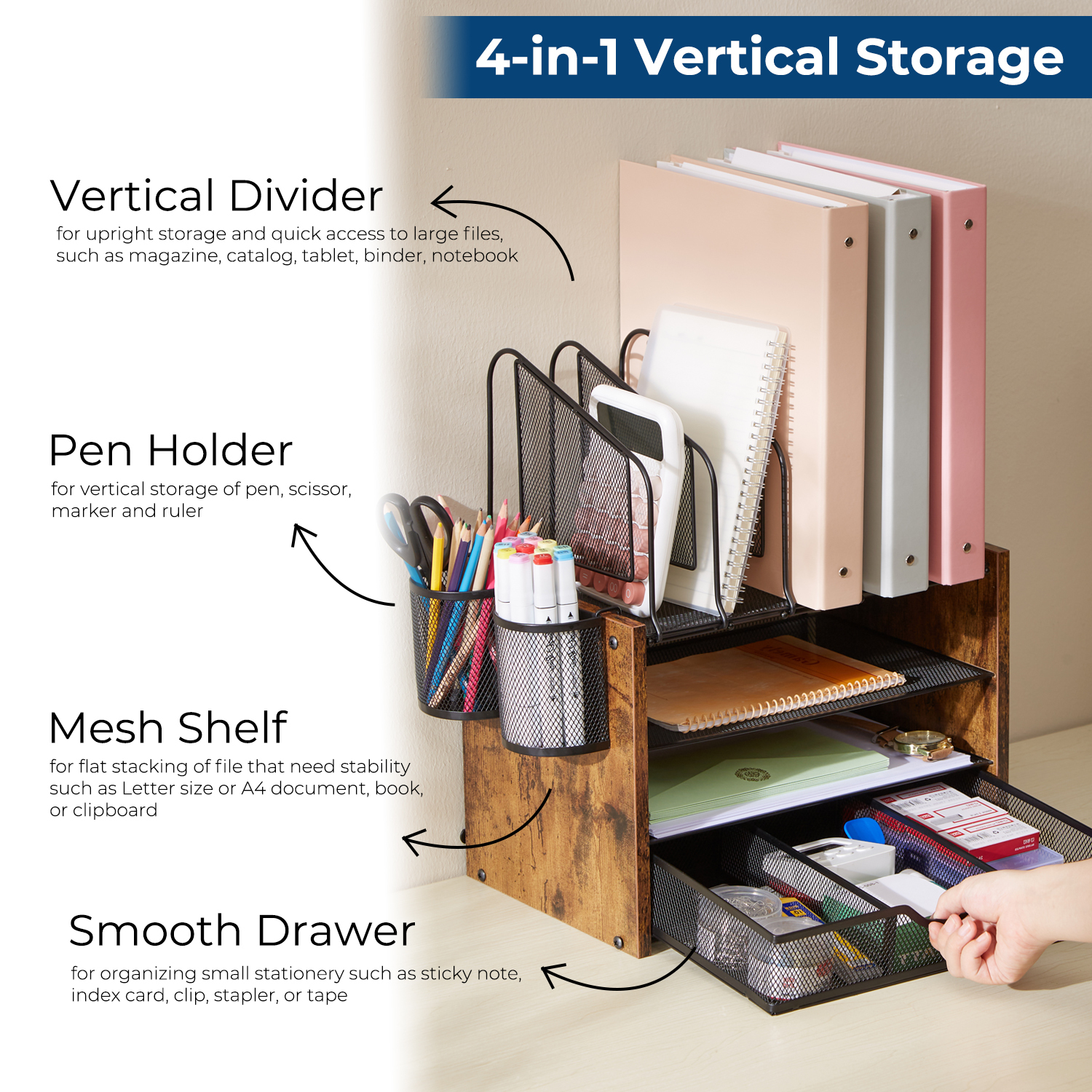 Y YOMA Mesh Desk Organizer with Drawer, 4-Tier Wood Desktop Organizer with 5 Vertical File Holders and 2 Pen Holders Office Desk Accessories for Home Dorm Classroom