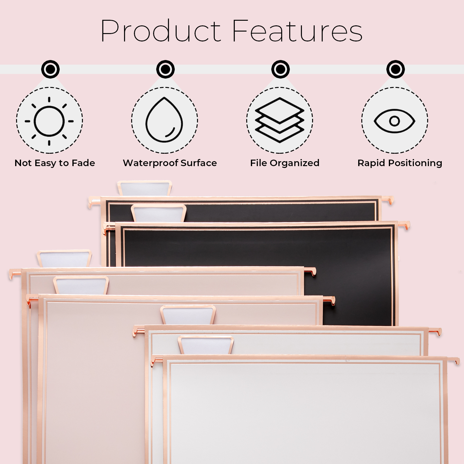 Y YOMA 1 Pack Rose Gold Desktop Hanging File Organizer | 12 Pack Rose Gold Pocket Hanging File Folders with Tabs & Insert | Letter Size Metal File Kit for Desk Home Office, I Shaped