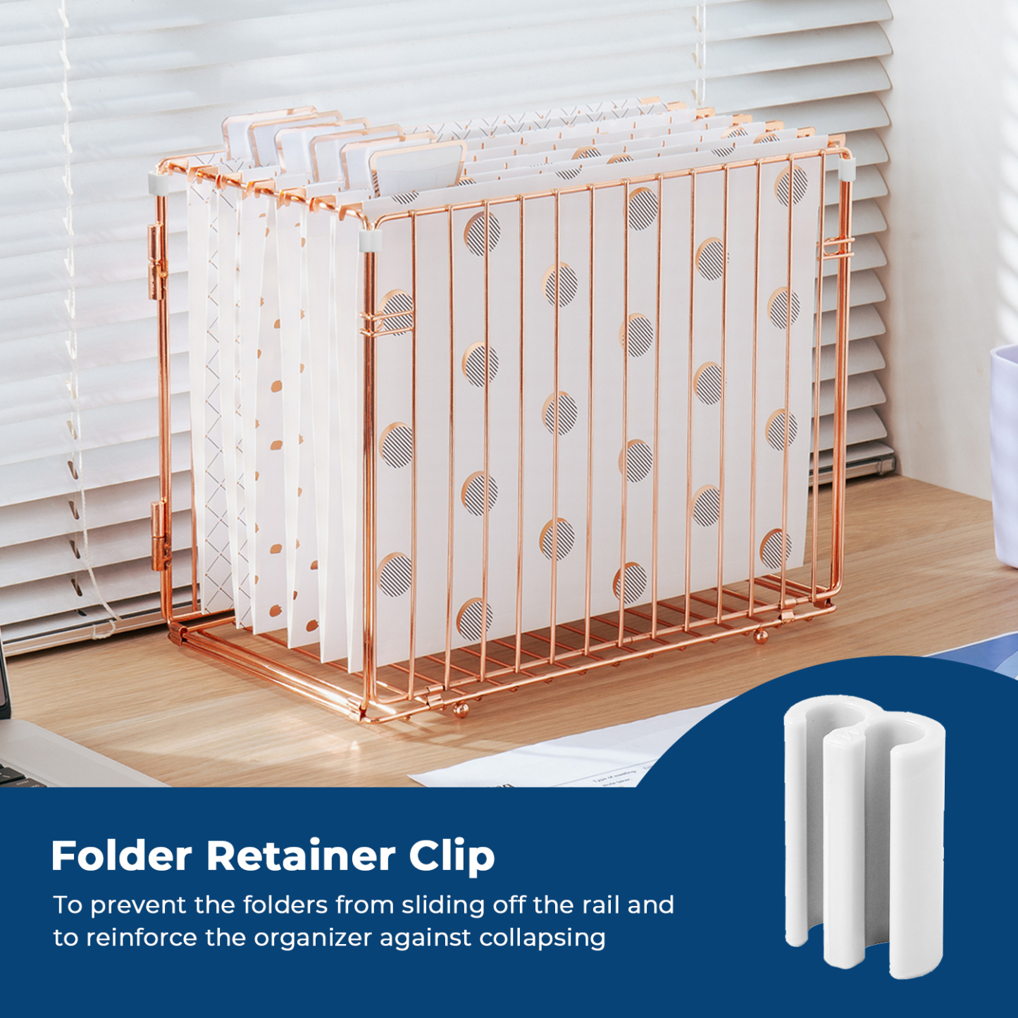 Y YOMA Hanging File Organizer, Letter Size Desk File Crate, Foldable Rose Gold Metal Storage Box for Home Office, 1 Pack