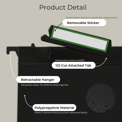 Y YOMA Plastic Extra Capacity Hanging File Folder, Letter Size, 4” Expansion, 6 Pack Black Reinforced Expanding Hanging Folders with Tabs, Heavy Duty Waterproof Accordion for Bulky Files