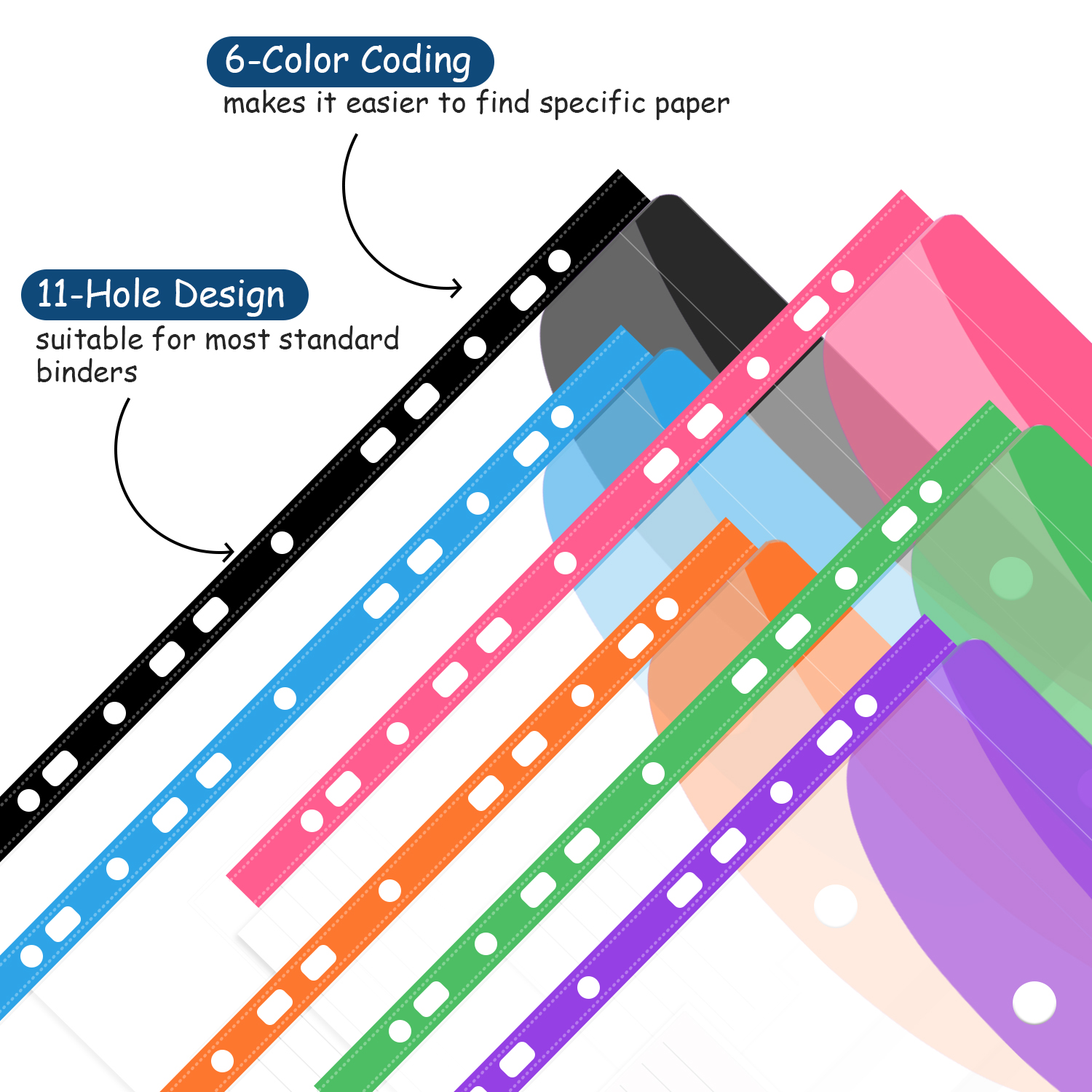 Y YOMA 6 Pack Plastic Binder Pocket with 11 Holes & Snap Button - Letter Size Top-Loading Expandable Extra Capacity Envelope for 2/3/4 Ring Binder, Matte Design