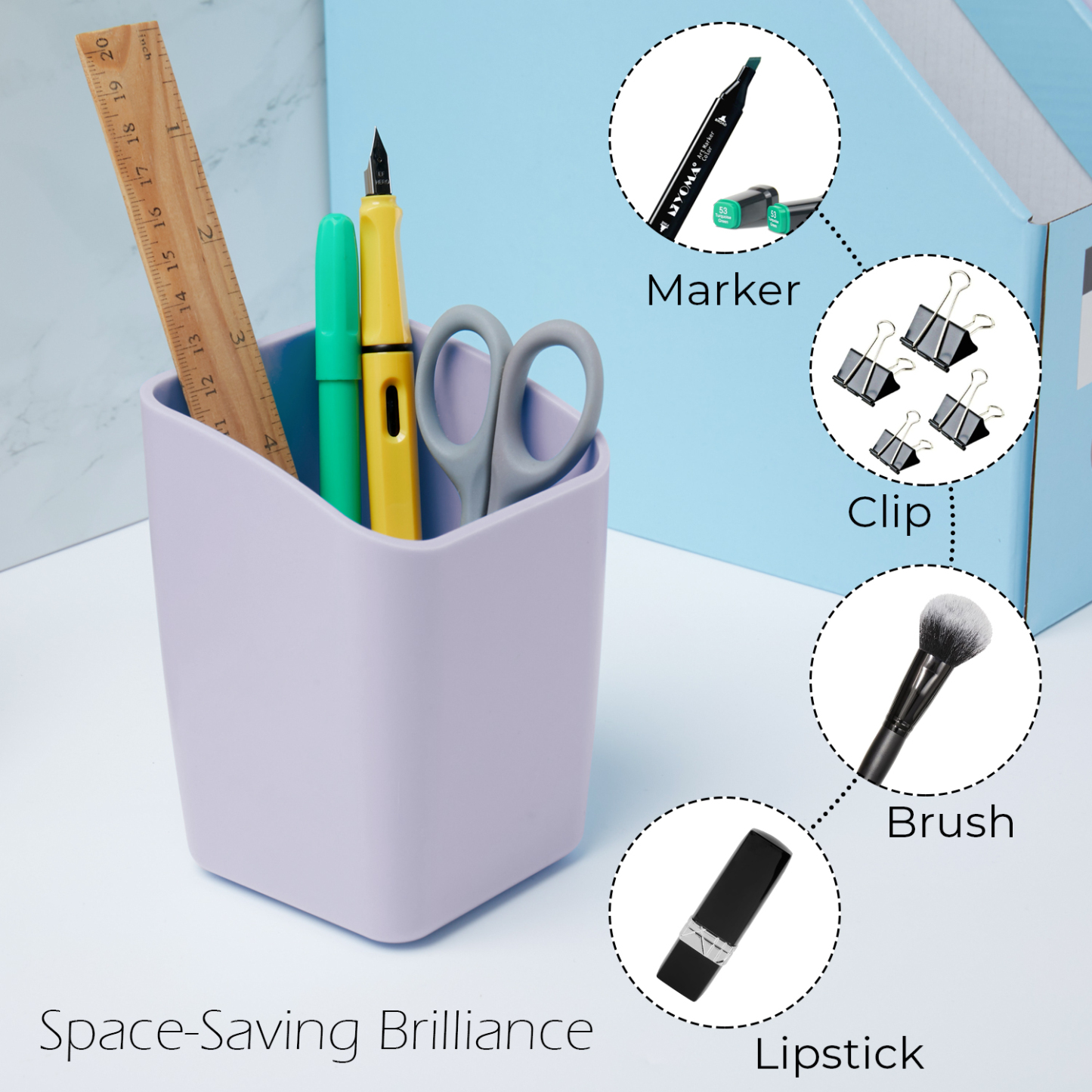 Y YOMA 1 Pack Pen Holder for Desk Cute Plastic Pencil Cup Pen Container Square Organizer Modern Aesthetic Design Desktop Storage Solution for Pens, Pencils, Marker, Makeup Brush,  Morandi Purple