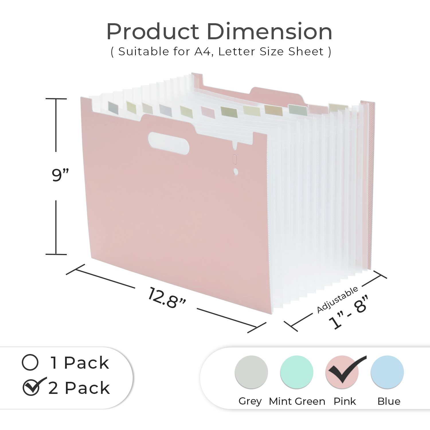 Y YOMA 2 Pack Accordion File Organizer with Handle 12 Pockets Expanding File Folder with Removable Tabs for A4 Letter Size Paper Portable Plastic Filing Organizer Document Bill Receipt Holder, Pink