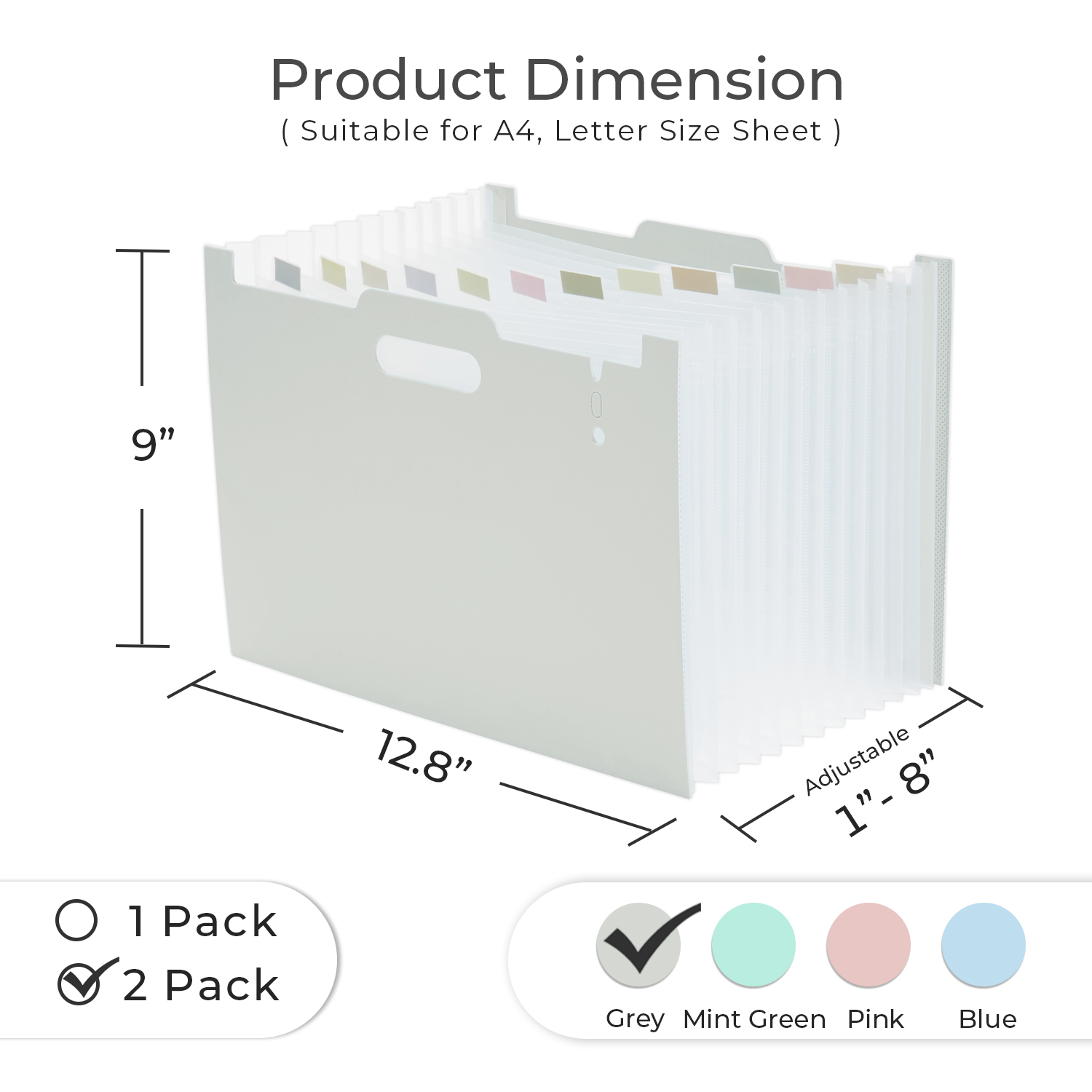 Y YOMA 2 Pack Accordion File Organizer with Handle 12 Pockets Expanding File Folder with Removable Tabs for A4 Letter Size Paper Portable Plastic Filing Organizer Document Bill Receipt Holder, Gray