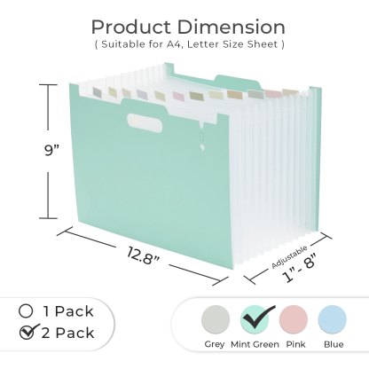 Y YOMA 2 Pack Accordion File Organizer with Handle 12 Pockets Expanding File Folder with Removable Tabs for A4 Letter Size Paper Plastic Filing Organizer Document Bill Receipt Holder, Mint Green