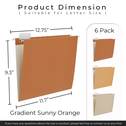 Y YOMA 6 Pack Gradient Hanging File Folders Letter Size Decorative Hanging Folder Pretty File Folder Organizer for Filing Cabinet Office Home with 1/5-Cut Adjustable Tabs, Sunny Orange
