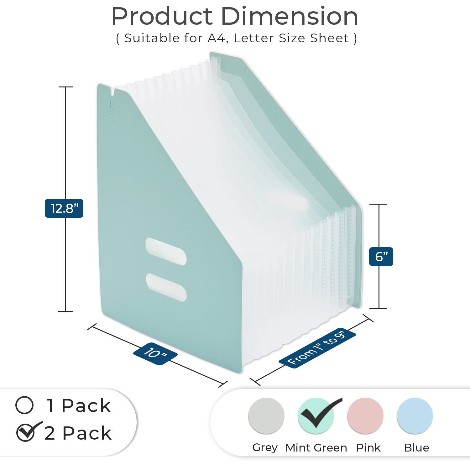Y YOMA 2 Pack Expanding Magazine Holder with 13 Pockets | Portable Desktop Plastic Self Standing Accordion File Organizer for A4 Letter Size Document Storage Home Office School, Mint Green